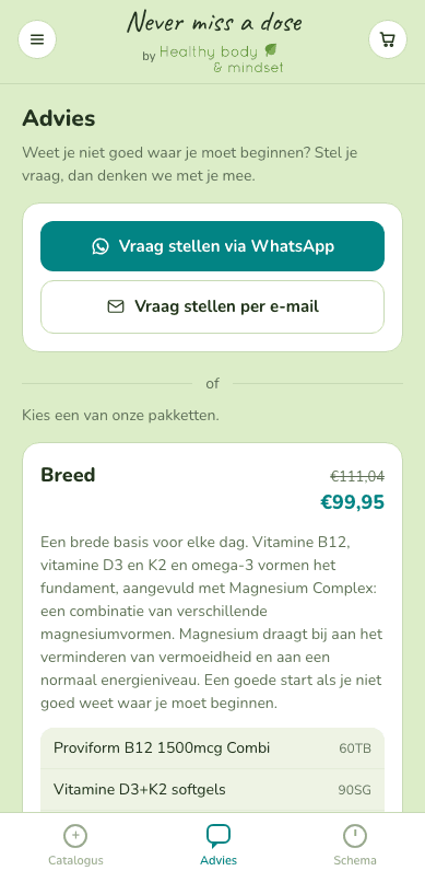 De Advies tab met knoppen voor WhatsApp en e-mail, en daaronder de pakketten