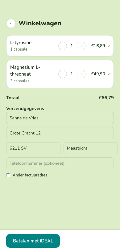 Winkelwagen met geselecteerde supplementen en verzendgegevens