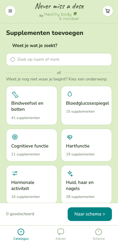 De Catalogus tab met tegels per onderwerp en het aantal supplementen erbij