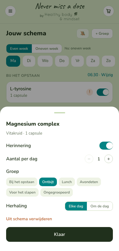 Instellingen voor dosis, groep en herhaling van één supplement