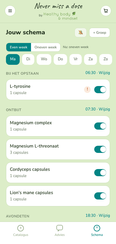 Een ingevuld dagschema, ingedeeld per moment